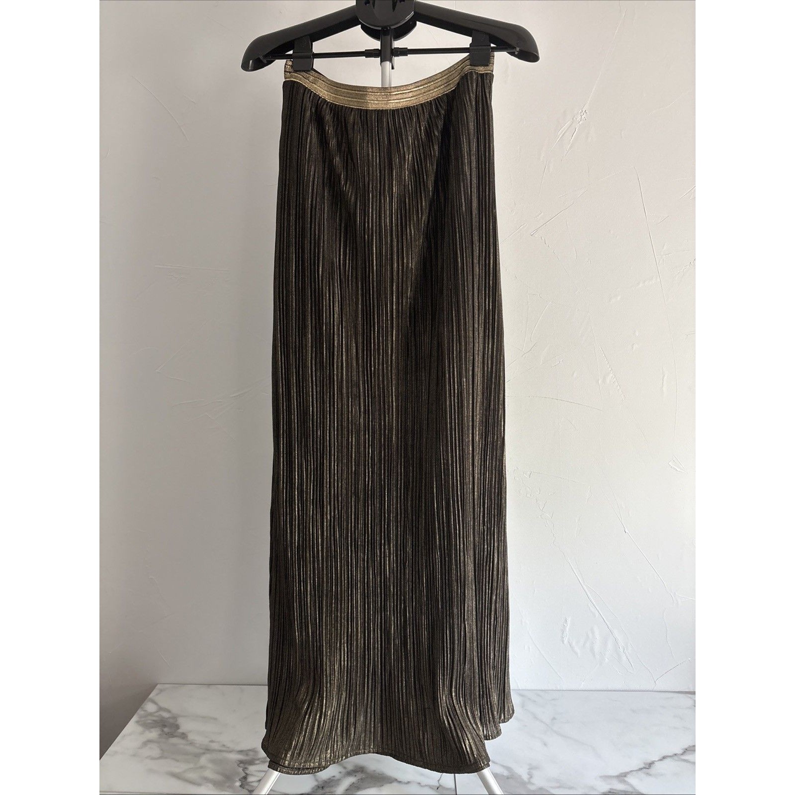Skies Are Blue Metallic Pleated Gold Bronze Accordian Shimmer Maxi Skirt — image 3 of 8